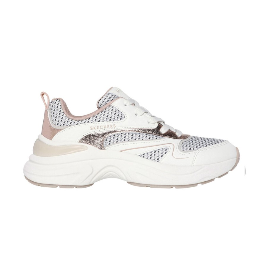 SKECHERS TWO TONE MESH METALLIC OVERLAY LACE UP FASHION SNEAKER 177566-WTGD White