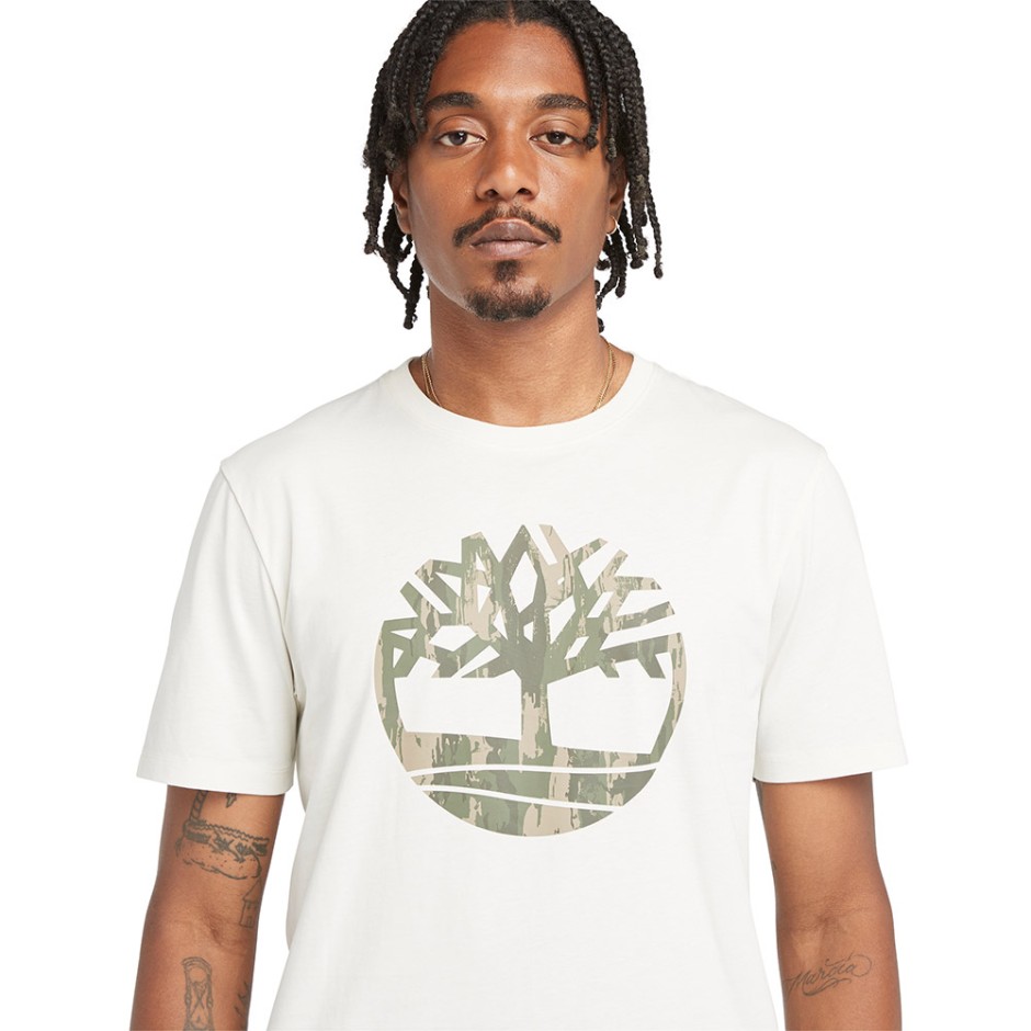 Ανδρική Κοντομάνικη Μπλούζα Λευκή - Timberland Camo Tree Logo