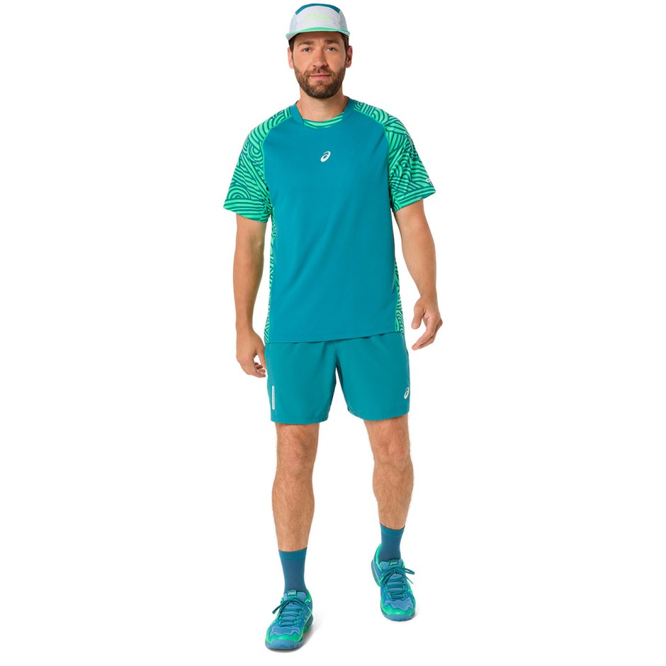 Men's Padel T-Shirt Green - ASICS PADEL COURT ALL OVER PRINT SS TOP
