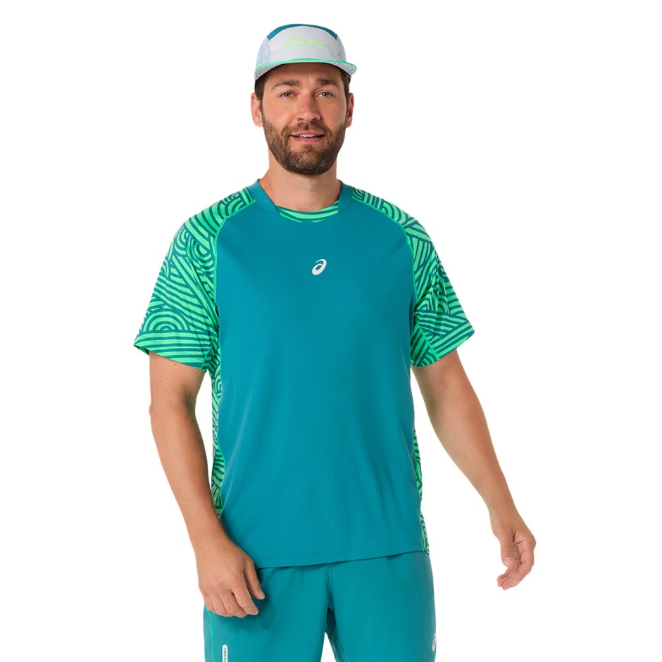 Men's Padel T-Shirt Green - ASICS PADEL COURT ALL OVER PRINT SS TOP