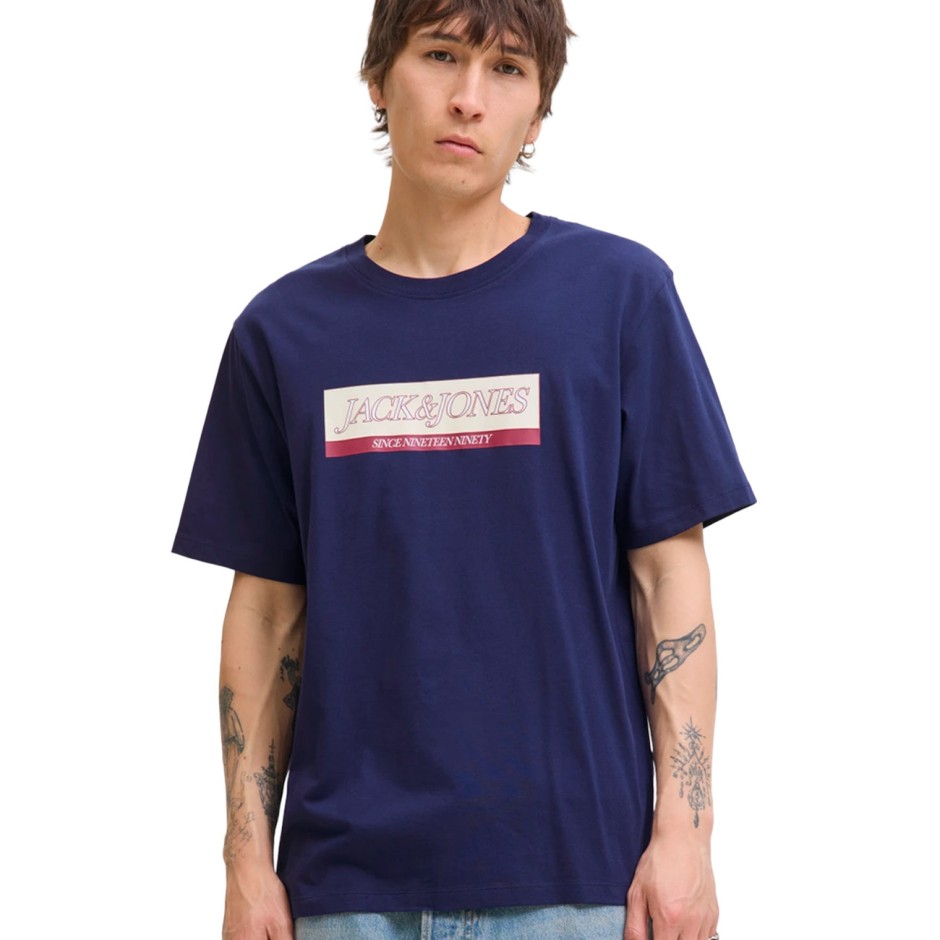 JACK & JONES JORINWOOD BLOCK BRANDING TEE SS CN 12283628-OCEAN CAVERN Blue