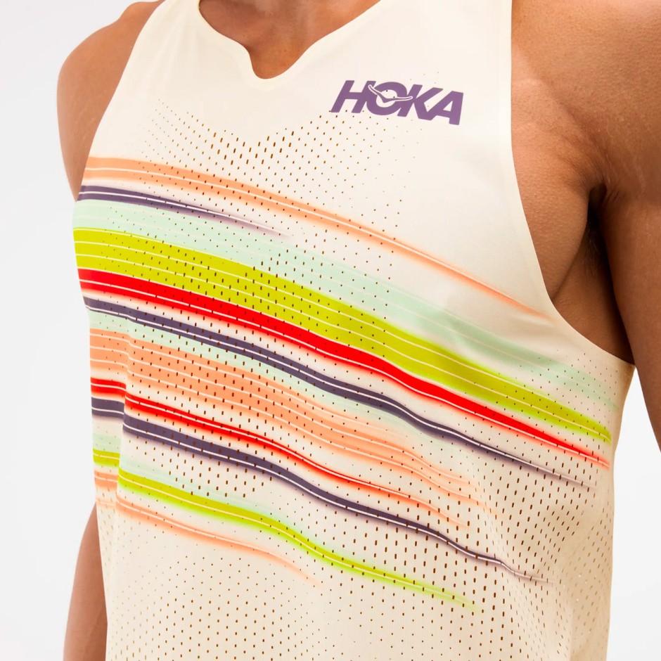 Ανδρική Αμάνικη Μπλούζα για Τρέξιμο Εκρού - HOKA ONE ONE Race Day Singlet