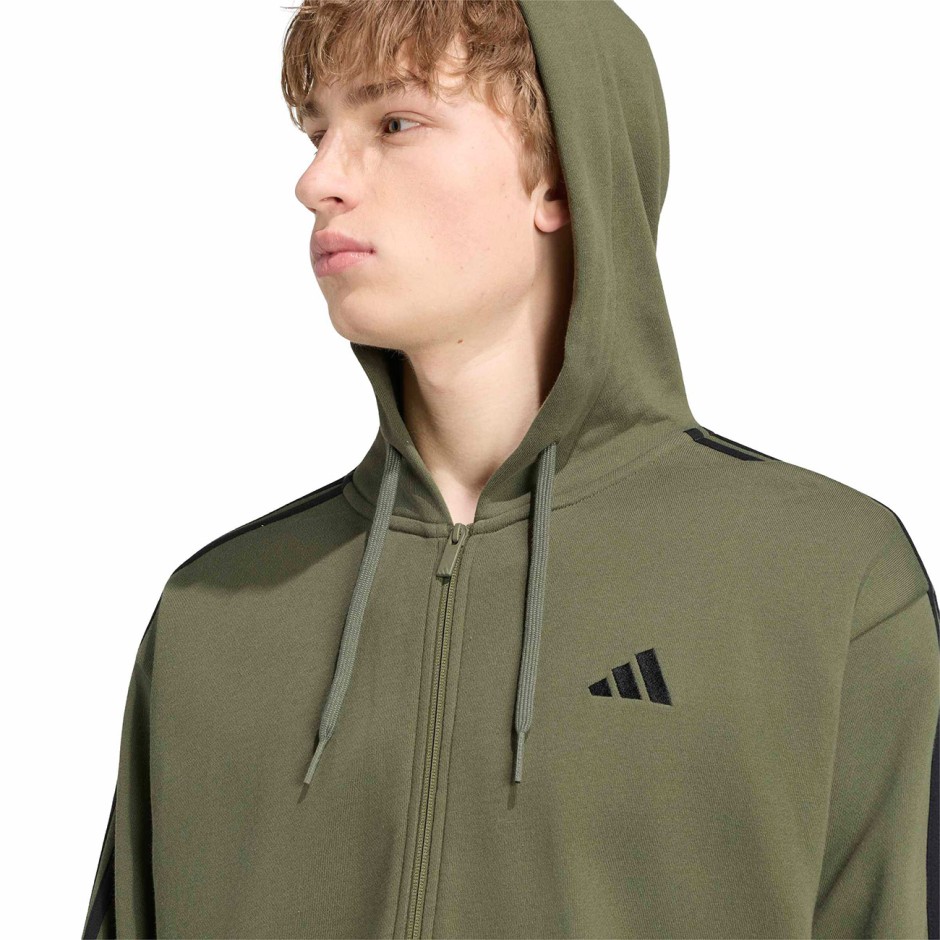 Men's Full-Zip Hoodie Olive - adidas Sportswear Essentials 3-Stripes French Terry