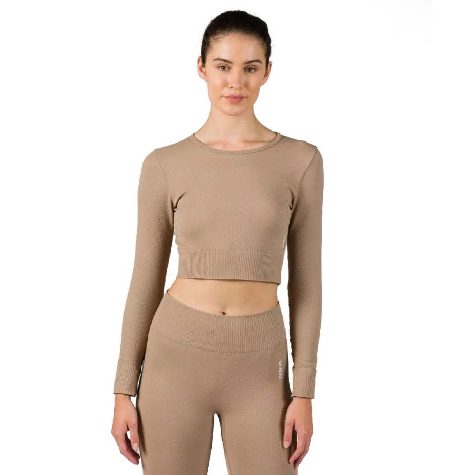 GSA R3 SEAMLESS RIBBED LONGSLEEVE CROPPED TOP Μπέζ