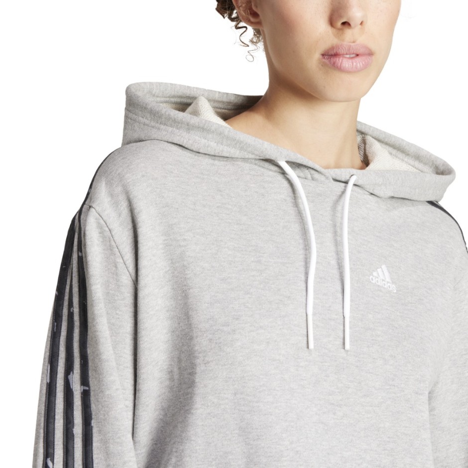 adidas Sportswear Essentials 3-Stripes Animal Print Γκρι - Γυναικεία Μπλούζα Φούτερ Με Κουκούλα