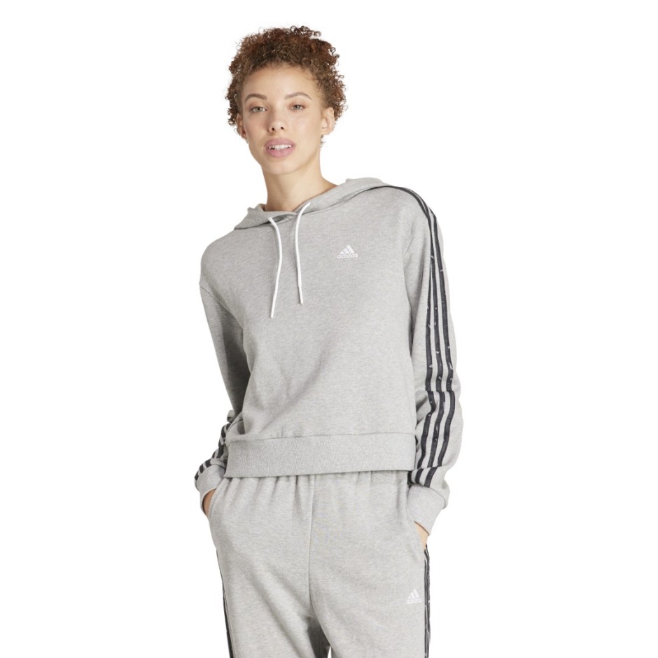 adidas Sportswear Essentials 3-Stripes Animal Print Γκρι - Γυναικεία Μπλούζα Φούτερ Με Κουκούλα