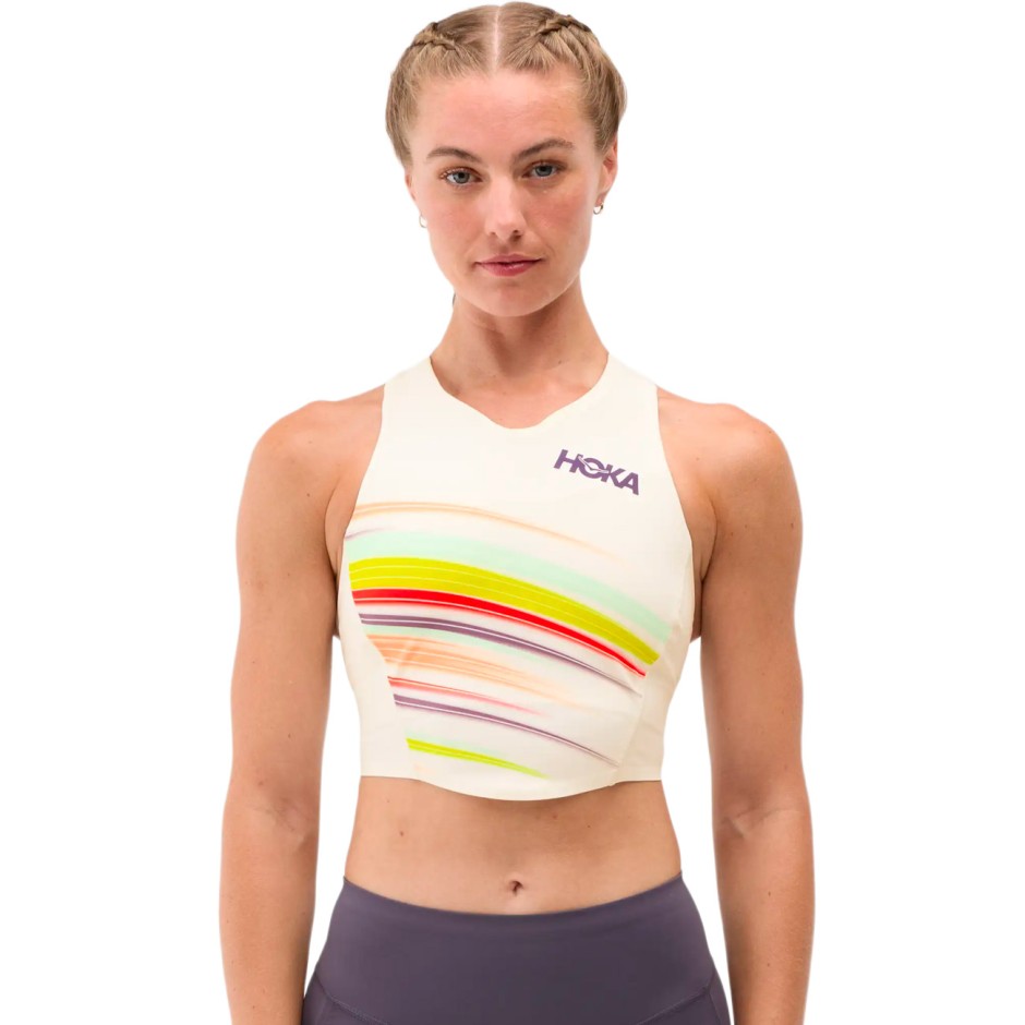 Γυναικεία Αμάνικη Μπλούζα για Τρέξιμο Εκρού - HOKA ONE ONE Race Day Crop Bra