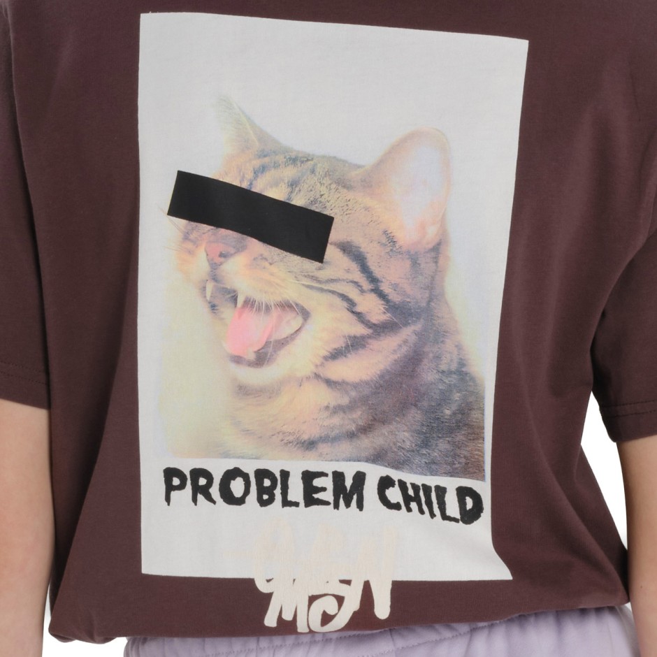 Γυναικεία Κοντομάνικη Μπλούζα Μπορντό - EMERSON Cat 'Problem Child'