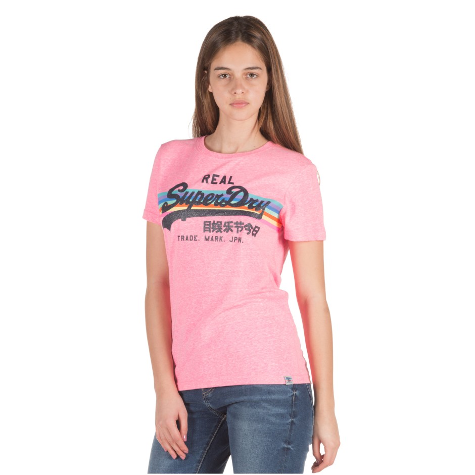 SUPERDRY D1 V LOGO RETRO RAINBOW ENTRY TEE G10138TT-ZV0 Pink