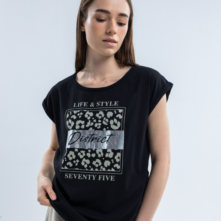 Γυναικεία Κοντομάνικη Μπλούζα Μαύρη - District75 