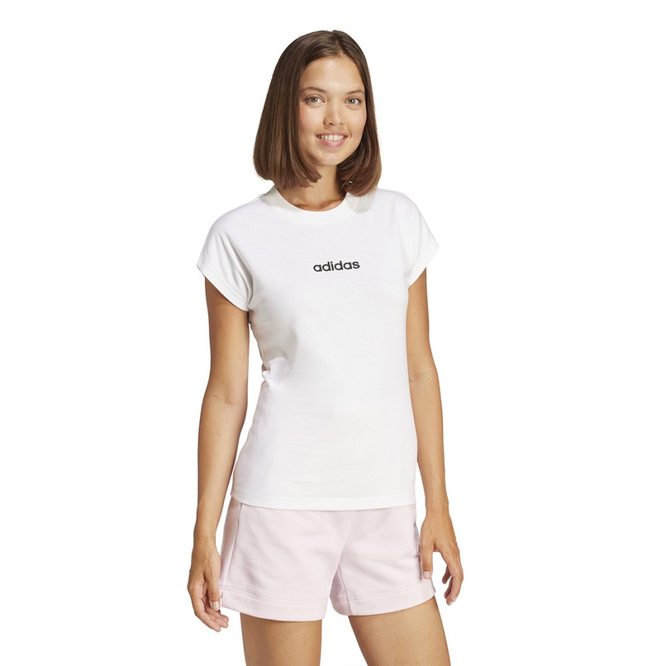 Γυναικεία Κοντομάνικη Μπλούζα Λευκή - adidas Sportswear Essentials Linear Cotton
