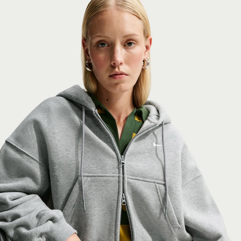Women's Full-Zip Hoodie Grey - Nike Studio Fleece Medium Weight