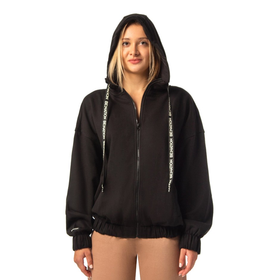Γυναικεία Ζακέτα BE:NATION FULL ZIP WITH HOOD ANTI FIT SEMI LONG Μαύρο 7102204-01 