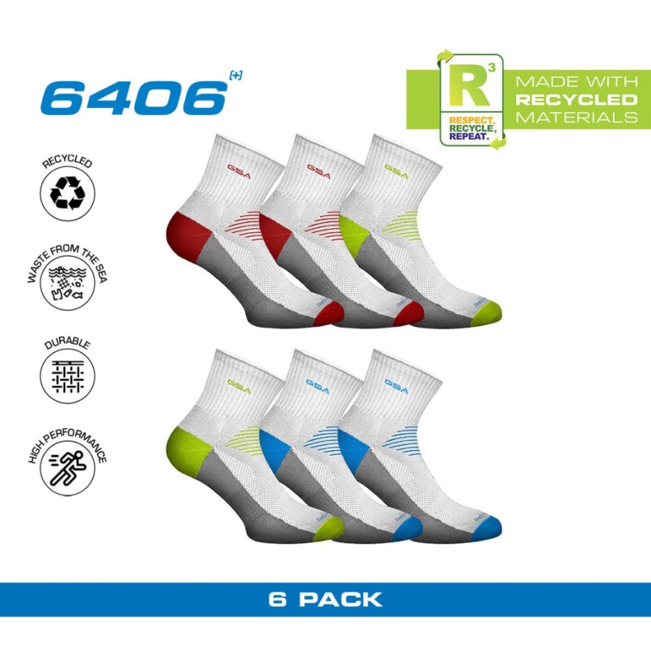 GSA HYDRO MENS EXTRA CUSHIONED HIGH PERFORMANCE QUARTER 6PACK 8119111-WHITE/RED-GREEN-BLUE White