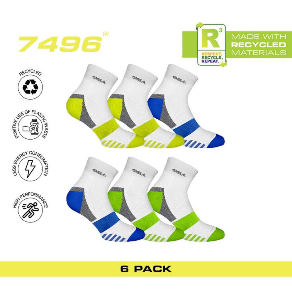 GSA BAMBOO MENS EXTRA CUSHIONED PERFORMANCE QUARTER 6PACK 8119114-WHITE/YEL-BLUE-GREEN White