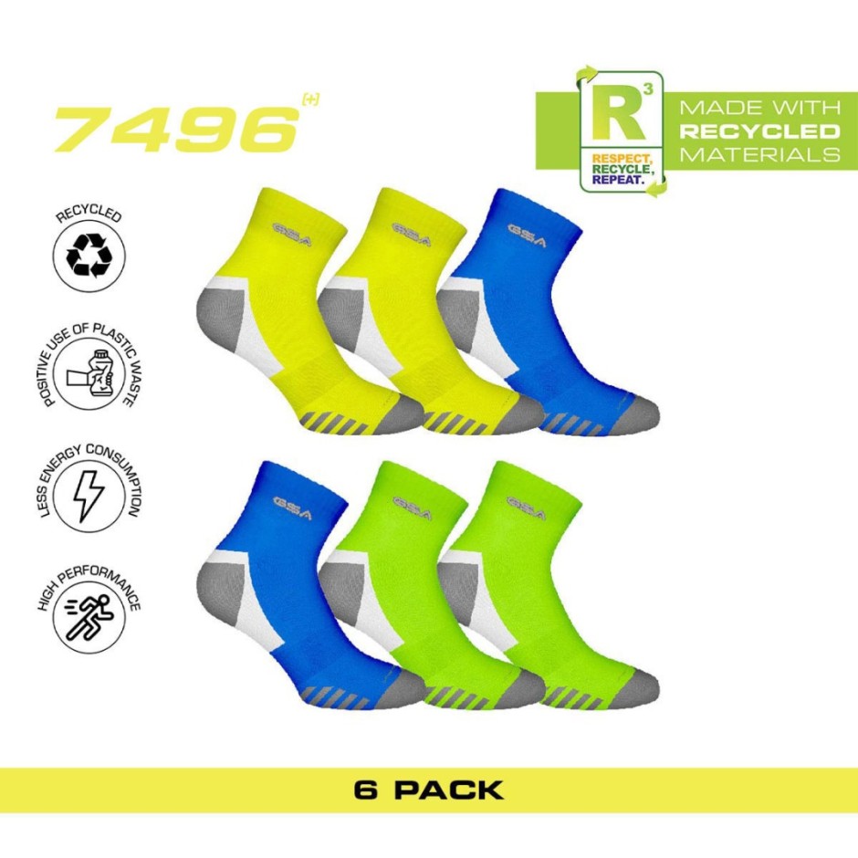 GSA BAMBOO MENS EXTRA CUSHIONED PERFORMANCE QUARTER 6PACK 8119114-YELLOW-BLUE-GREEN MULTI